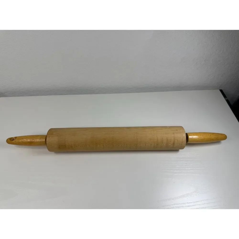 Vintage Wooden Rolling Pin with Rotating Handles, Farmhouse Kitchen Baking Tool